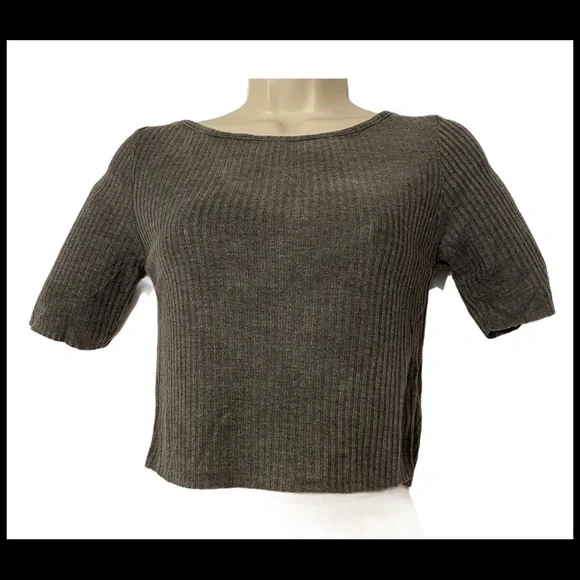 TOPSHOP NWT SLASH RIBBED CROP TEE GREY SZ 6 - Picture 10 of 14